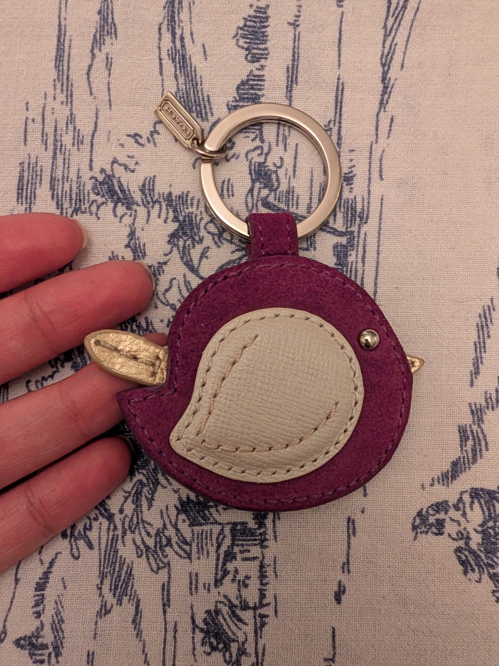 Coach Leather Bird Keychain - Purple with Cream Accent